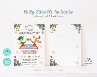 Invitación virtual para fiesta navideña - Fiesta virtual de Navidad - Invitación editable e imprimible para fiesta navideña de descarga instantánea
