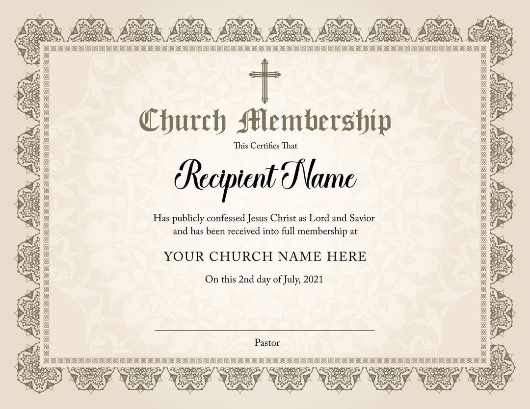 Editable Church Membership Certificate Template. Printable Certificate