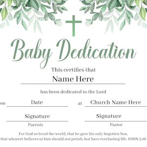 Printable Baby Dedication Certificate. Editable Baby Christening Certificate.