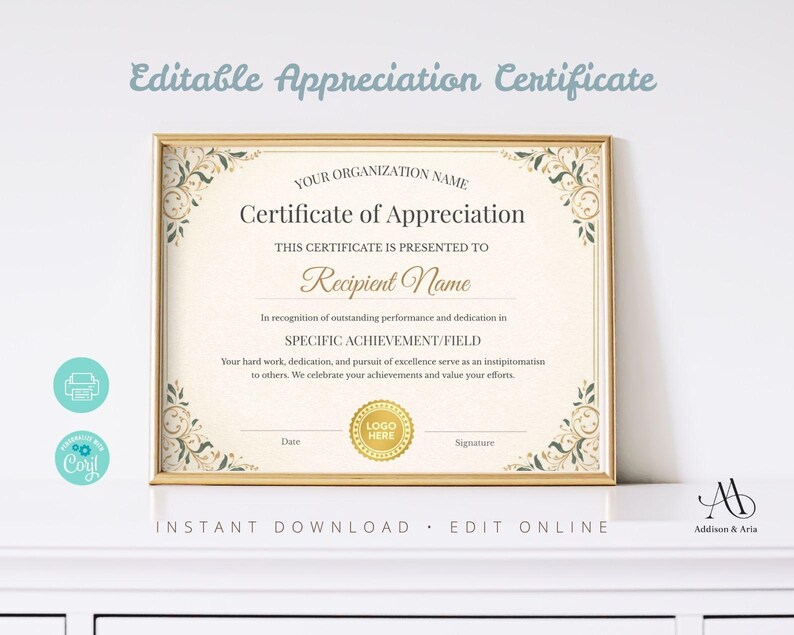 Editable Certificate of Appreciation Template. Editable Printable ...