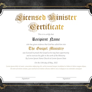 Plantilla editable de certificado de ministro con licencia. Certificado de ordenación imprimible. Certificado de Ordenación Elegante. Descarga instantánea.