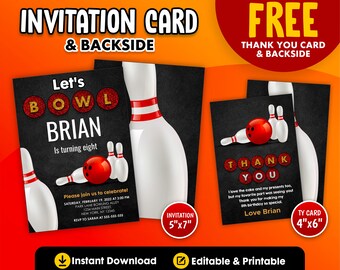 Bowling Birthday Invitation Instant Download With Free Thank You Card. Let's Bowl Birthday Party Invitation.