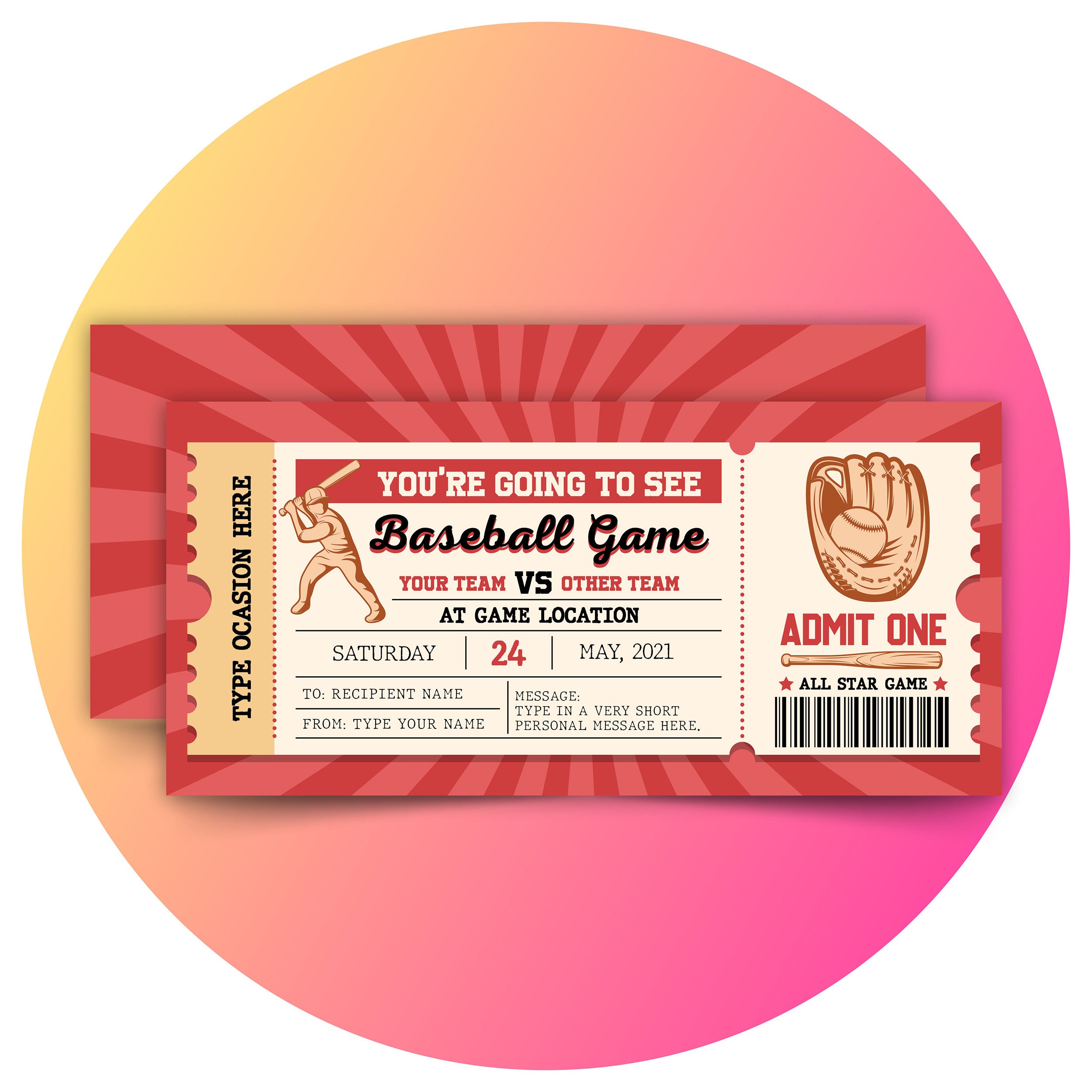 Editable Baseball Ticket Template. Surprise Baseball Game Ticket. Sports  Ticket. Invitation Gift. Baseball Ticket.