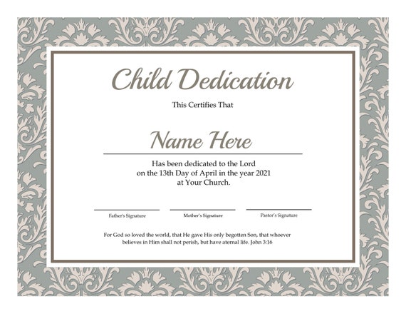 Printable Baby Dedication Certificate. Editable Baby | Etsy