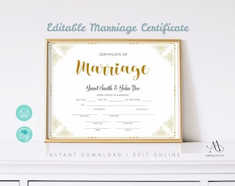 Editable Marriage Certificate | Editable Printable Wedding Certificate Template