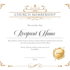 Editable Church Membership Certificate Template. Printable Certificate of Membership. Elegant Membership Certificate. Instant Download.