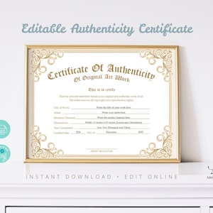 Afdrukbaar blanco pdf-certificaat van echtheid voor kunstwerken. DIY-authenticiteitscertificaat.