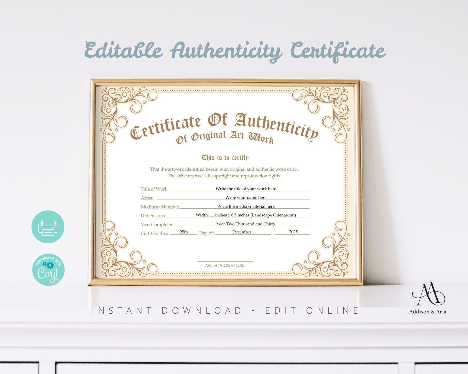 Printable Blank PDF Certificate of Authenticity for Artwork. DIY