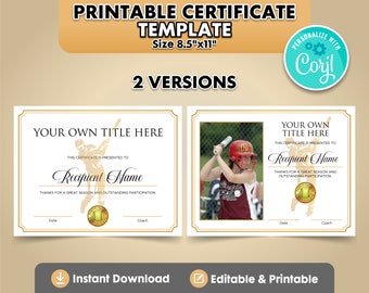 Editable Softball Award Certificates (2 versions). Customizable Softball Certificate Templates. Sports Award Certificates.