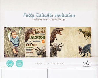 Dinosaur Birthday Invitation with Photo, Editable Boy Dinosaur Party Birthday Invitation