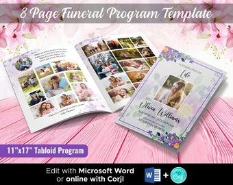 8 Page Funeral Program Template | 8 Page Obituary Template | 11 x 17 inch | Memorial Programs | Memorial Service