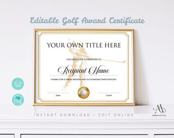 Certificados de golf editables. Plantillas personalizables. Certificados deportivos.
