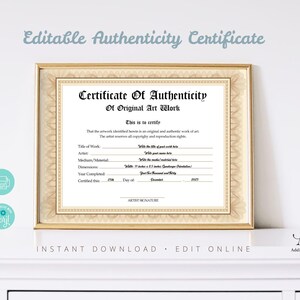 Printable Blank PDF Certificate of Authenticity for Artwork. DIY Authenticity Certificate.