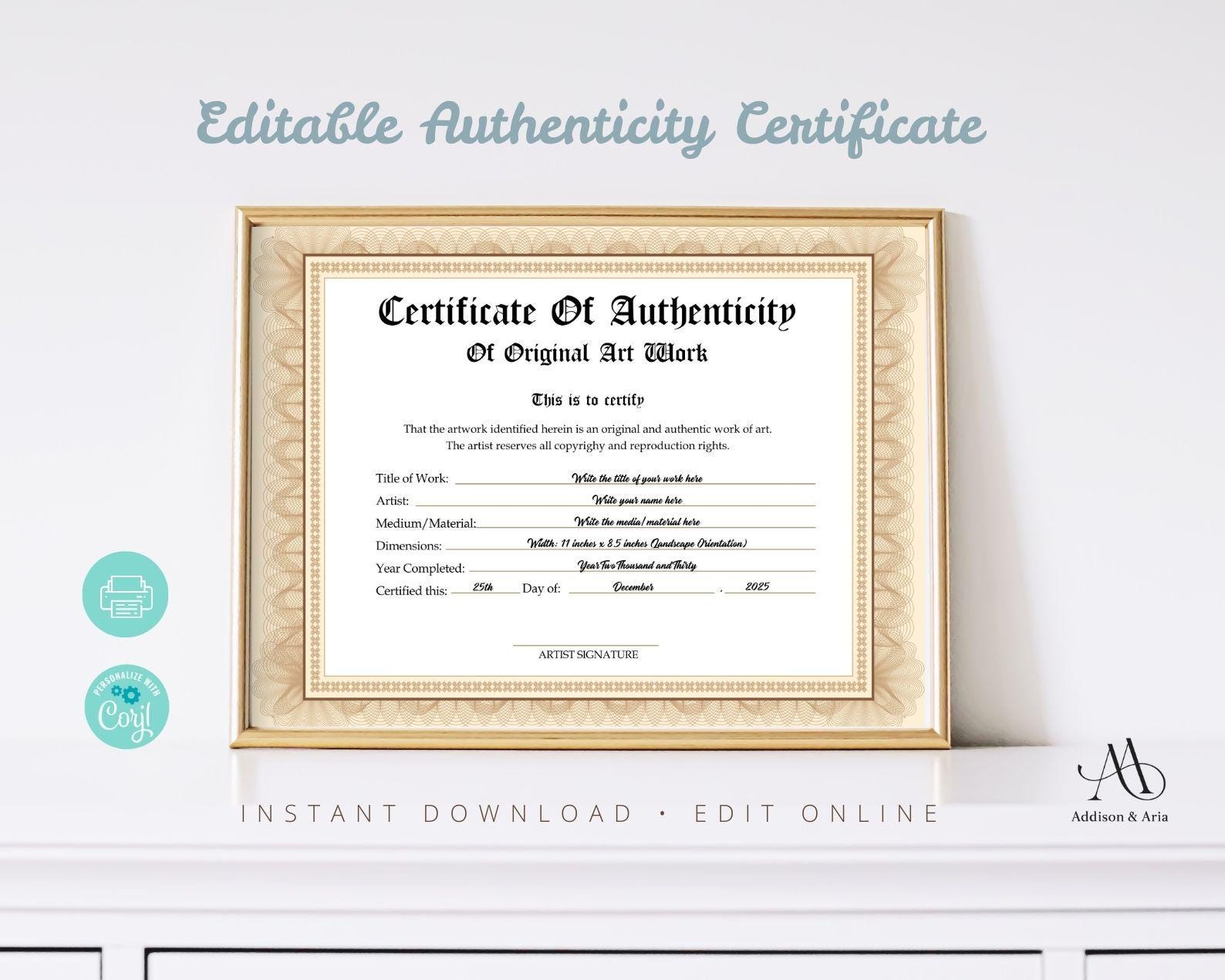 Printable Blank PDF Certificate of Authenticity for Artwork. DIY
