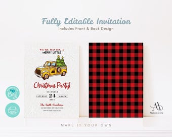Christmas Party Invitation Printable. Truck Christmas Party Invitation. Flannel Christmas Invitation. Retro Christmas Party. Buffalo Plaid.