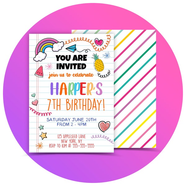 Editable Girls Doodles Notebook Birthday Party Invitation Invite, Printable Digital Template