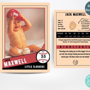 Little Slugger: Plantilla de tarjeta coleccionable de béisbol para bebés / Editable con Corjl
