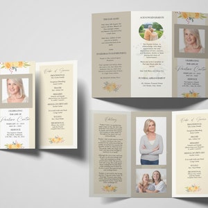 May include: A tri-fold funeral program with a floral design featuring yellow flowers and green leaves. The program includes an obituary, order of service, and acknowledgements. The program is printed on a beige background.