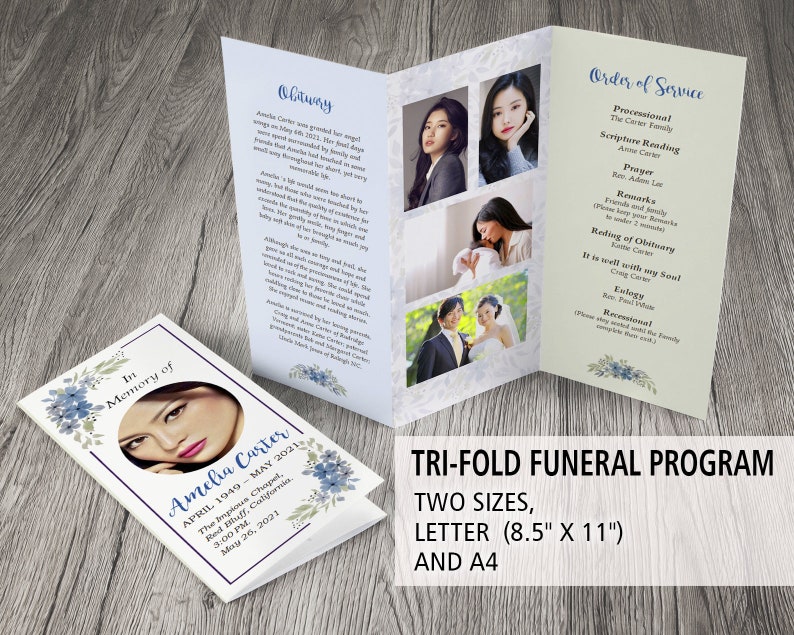 Trifold Funeral Program Template Obituary Template Etsy