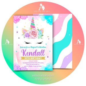 Unicorn Invitation. Rainbow Unicorn Birthday Invitation. Colorful. Instant Download.