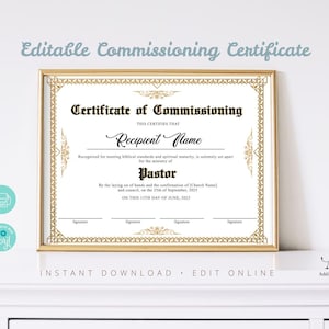Editable Certificate of Commissioning Template. Printable Commissioning Certificate. Elegant Church Certificate. Instant Download.