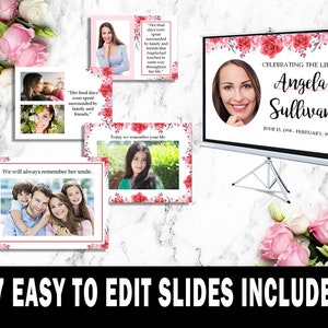 Puede incluir: Una plantilla de presentación digital para un servicio conmemorativo. La plantilla presenta un diseño floral con rosas rosas y rojas. El texto "Celebrating the Life of Angela Sullivan" se muestra en la pantalla. Las fechas 15 de junio de 1998 - 9 de febrero de 2021 también están incluidas. La plantilla está diseñada para ser fácilmente editada con fotos y texto.
