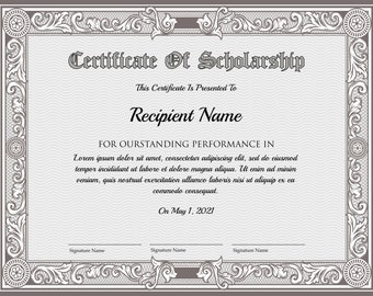 Editable Certificate of Scholarship Template. Printable Scholarship Certificate. Elegant Scholarship Certificate. Instant Download.