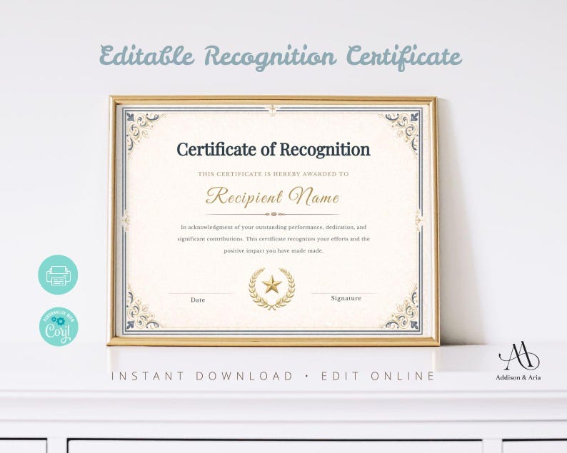 Editable Certificate of Recognition Template. Editable Printable ...