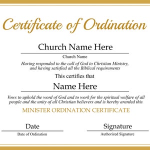 Bewerkbare geordende minister certificaatsjabloon. Afdrukbaar certificaat van wijding. Elegant wijdingscertificaat. Directe download.