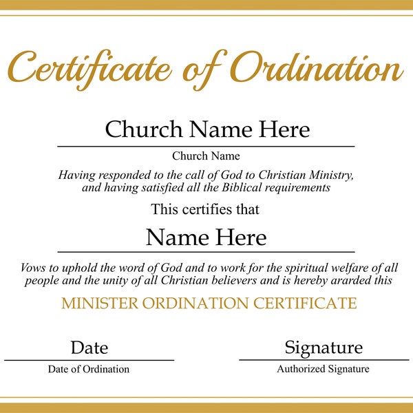 Editable Ordained Minister Certificate Template. Printable Certificate of Ordination. Elegant Ordination Certificate. Instant Download.