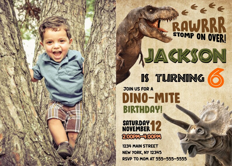Dinosaur Birthday Invitation with Photo Editable Boy Dinosaur Party Birthday Invitation