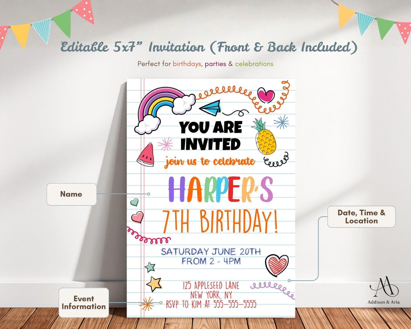 Invite Notelet Template Editable Girls Doodles Notebook Birthday Party Invitation Invite ...