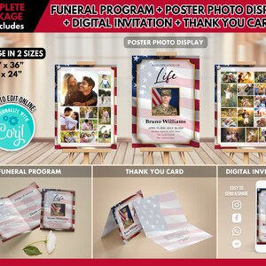 Complete American Flag Military Funeral Program Package With 3-Board Photo Collage, Funeral Program, Digital Invitation & Thank You Card