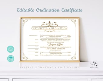 Redigerbar mall för ordinerad prästcertifikat. Utskrivbart ordinationsintyg. Elegant ordinationsintyg. Direkt nedladdning.