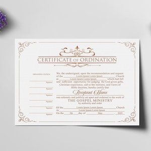 Editable Ordained Minister Certificate Template Printable Certificate