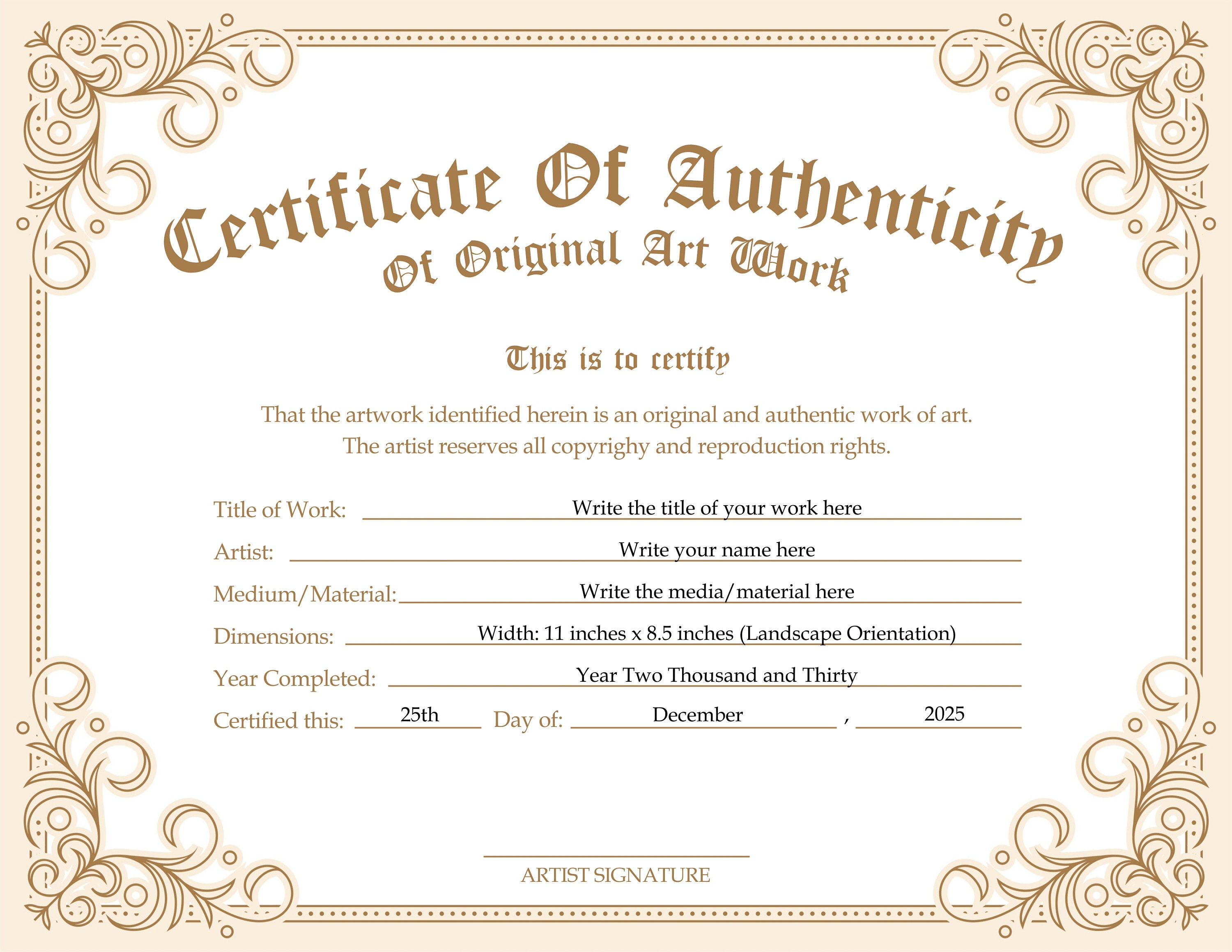 Certificate Of Authenticity Template For Art