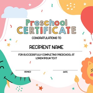 Diploma de jardín de infantes preescolar imprimible editable. Certificado de graduación personalizable. Plantilla editable imprimible.