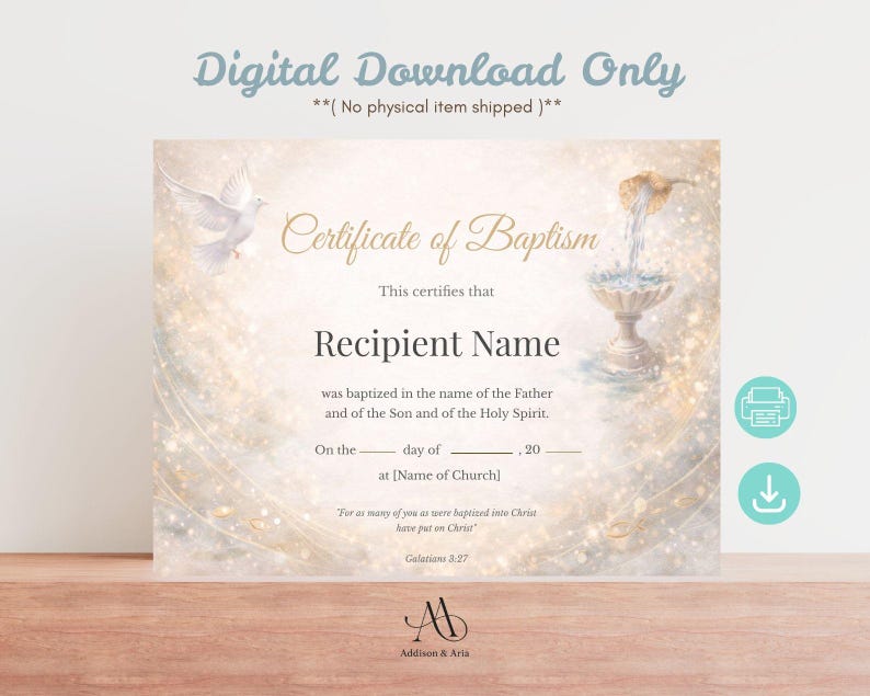 Editable Baptism Certificate Template. Printable Certificate of Baptism ...