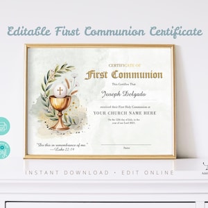 Plantilla editable para certificado de Primera Comunión. Certificado de Comunión imprimible. Elegante certificado cristiano. Descarga inmediata.