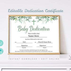 Printable Baby Dedication Certificate. Editable Baby Christening Certificate.