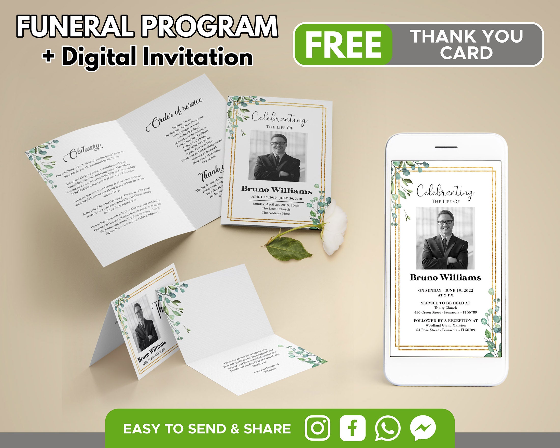 Editable Funeral Program Template With Free Thank You Card and Digital ...