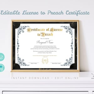 Editable Certificate of License to Preach Template. Printable Preaching Certificate. Elegant Ministry Certificate. Instant Download.