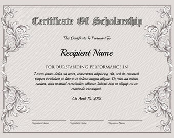 Editable Certificate of Scholarship Template. Printable Scholarship Certificate. Elegant Scholarship Certificate. Instant Download.