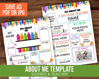 May include: Printable "All About Me" template for students and teachers. The template features colorful crayons, a space for a photo, and sections for personal information like name, favorite color, birthday, and hobbies.