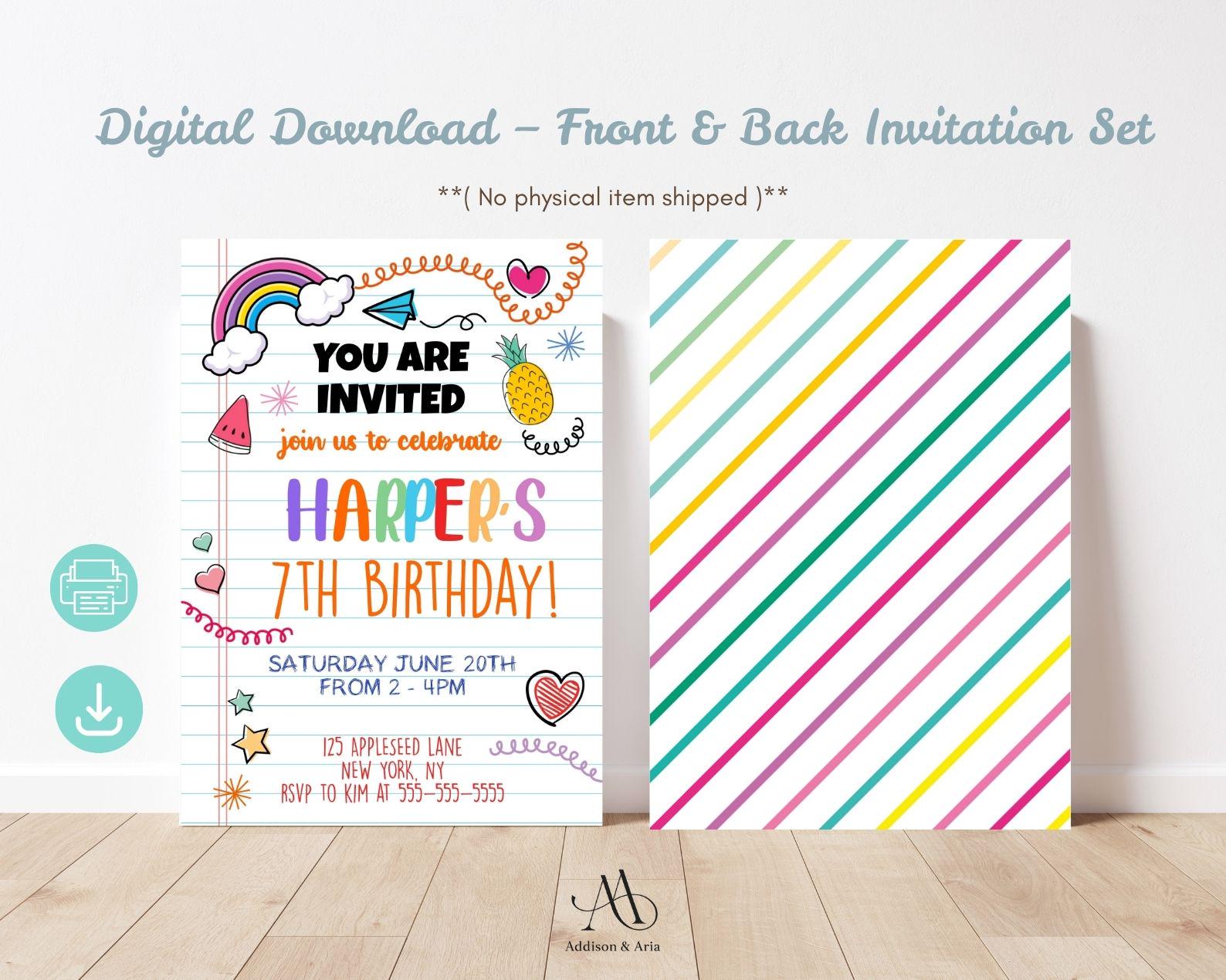 Invite Notelet Template Editable Girls Doodles Notebook Birthday Party Invitation Invite ...