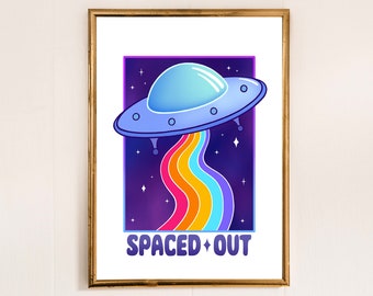 Alien Art Print - Spaced out UFO illustration - Fun Rainbow Space wall art - Cool E.T. Drawing - Flying Saucer Spaceship Gift