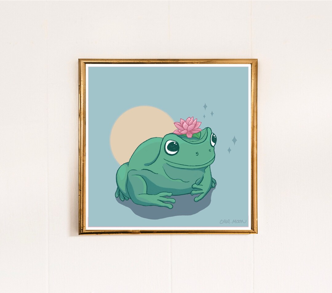 Happy Frog Illustration Cute Frog With Flower Hat Artwork Cottagecore Art  Print Kawaii Frog 