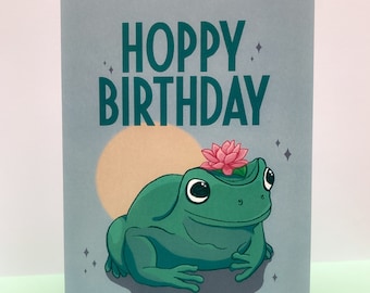 Karta urodzinowa z żabą - „Hoppy Birthday” - A6 Karta z pozdrowieniami - Zabawna karta z kalamburem - Słodka ilustracja żaby