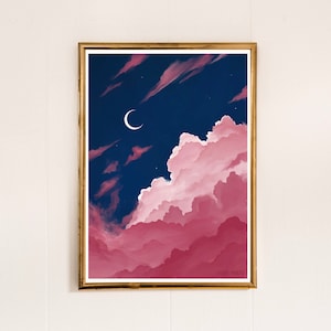 Pink Clouds Illustration - Crescent moon in a sky of pink clouds - Art Print - Magical Skyscape Artwork