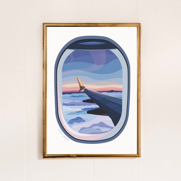 Travel Art Print - Views From Above (1, Painted Sunset) - Airplane window illustration